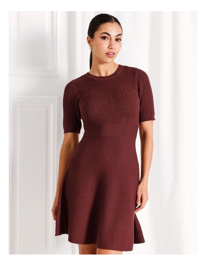 Pointelle Fit And Flare Knit Mini Dress in Wine