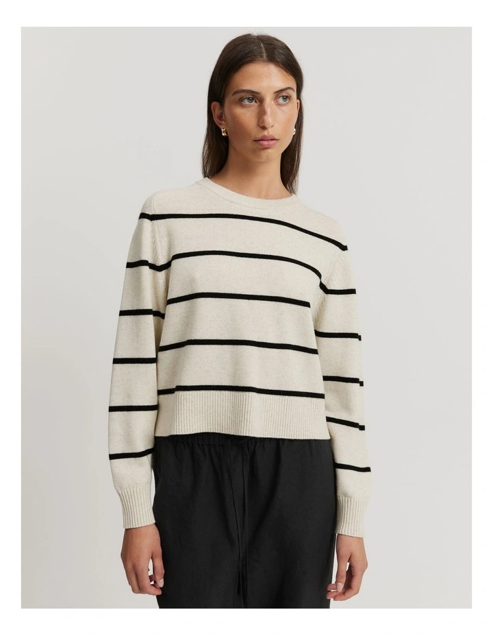 Cotton Blend Stripe Crop Crew Neck Knit Jumper in Black Stripe