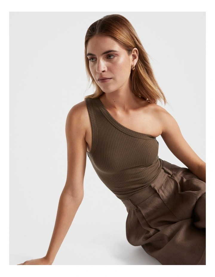 Rib One Shoulder Tank in Chocolate