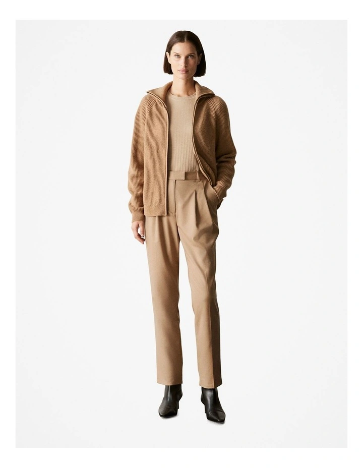 Wool Yak Rib Zip Through Cardigan in Camel