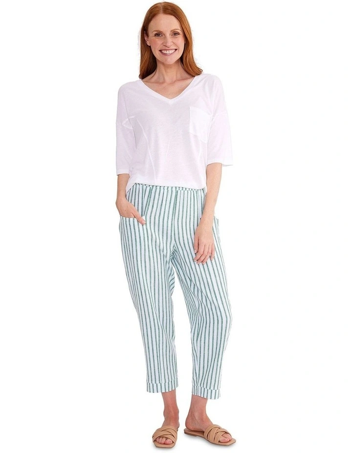 Striped Linen Pant in Spinach/White