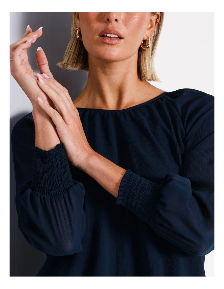 Gathered Neck Yoryu Top in Navy