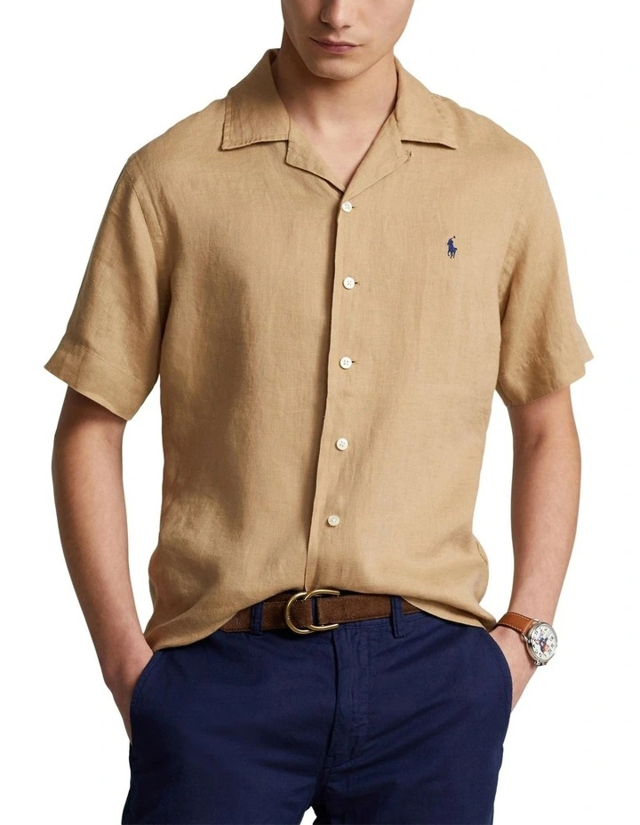 Classic Fit Linen Camp Shirt in Beige