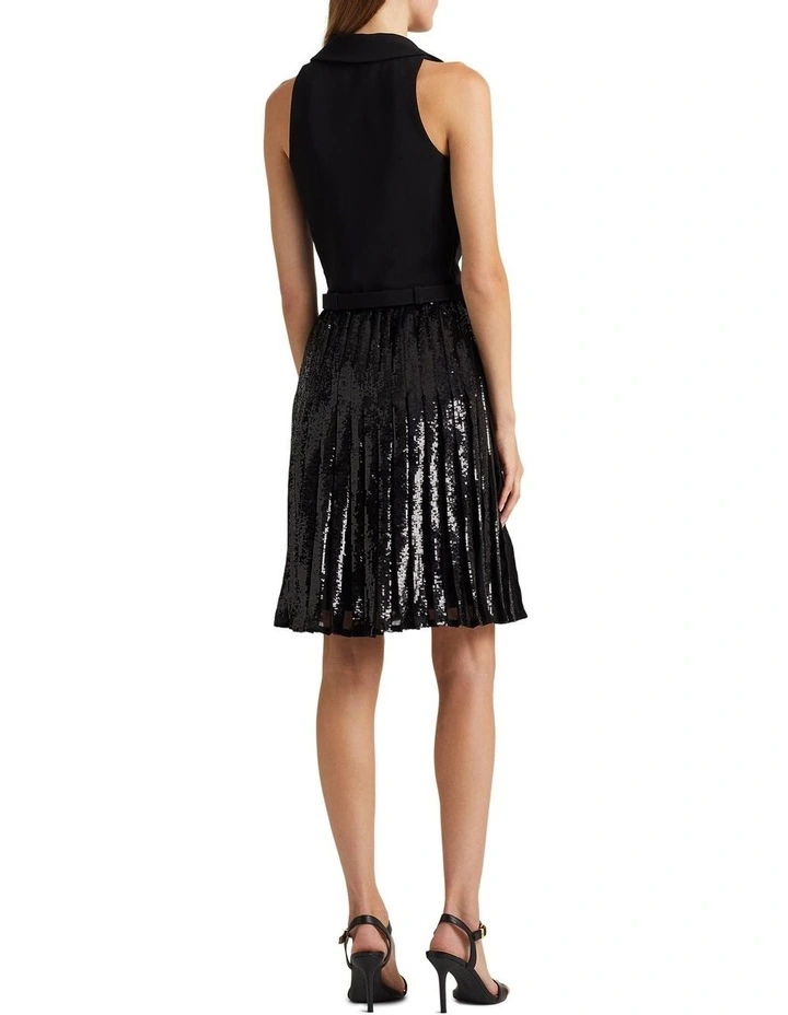 Belted Crepe Sleeveless Dress in Black