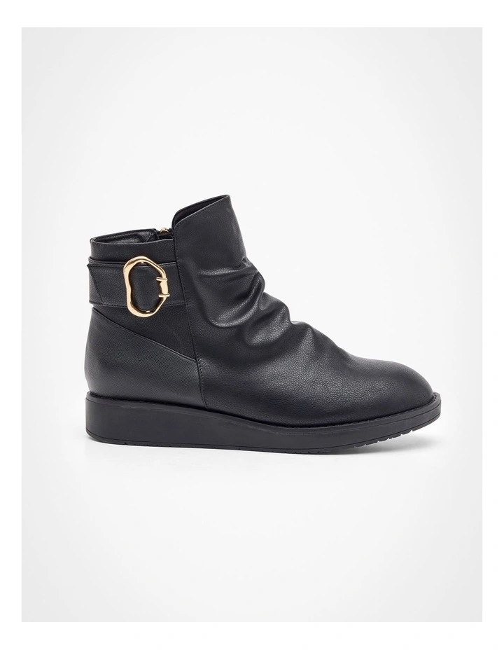 Wedge Ruched Zip Buckle Boot in Black