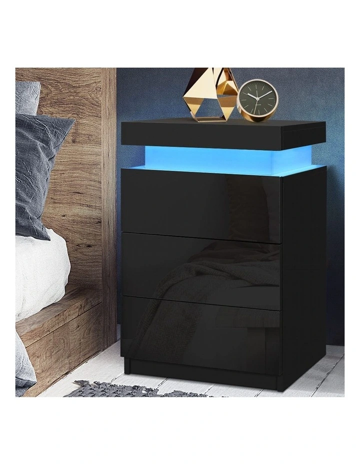 LED 3 Drawers Coley Bedside Table in Black