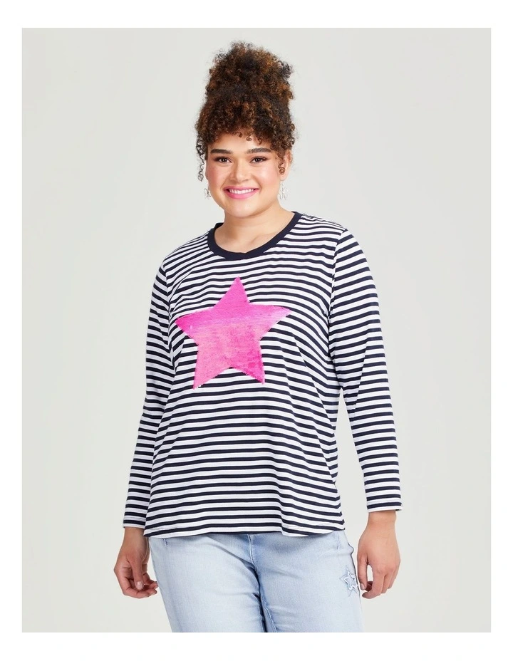 Cotton Sequin Star Stripe Top in Navy/White
