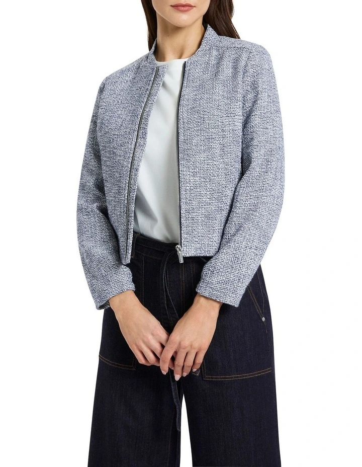 Cintia Tweed Bomber Jacket in Ivory/Blue