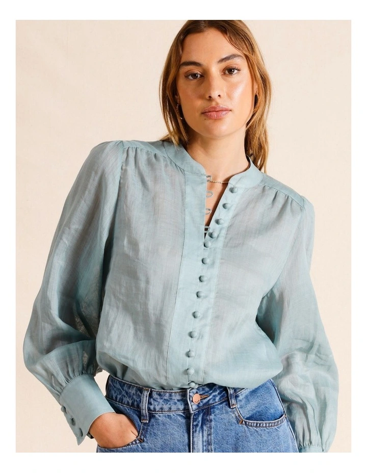Ramie High Neck Button Blouse in Dusty Blue