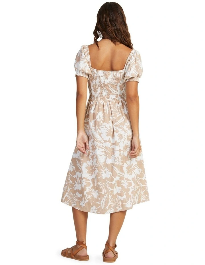 Sunshine Mind Smocked Bodice Midi Dress in Warm Taupe Happy Hibiscus