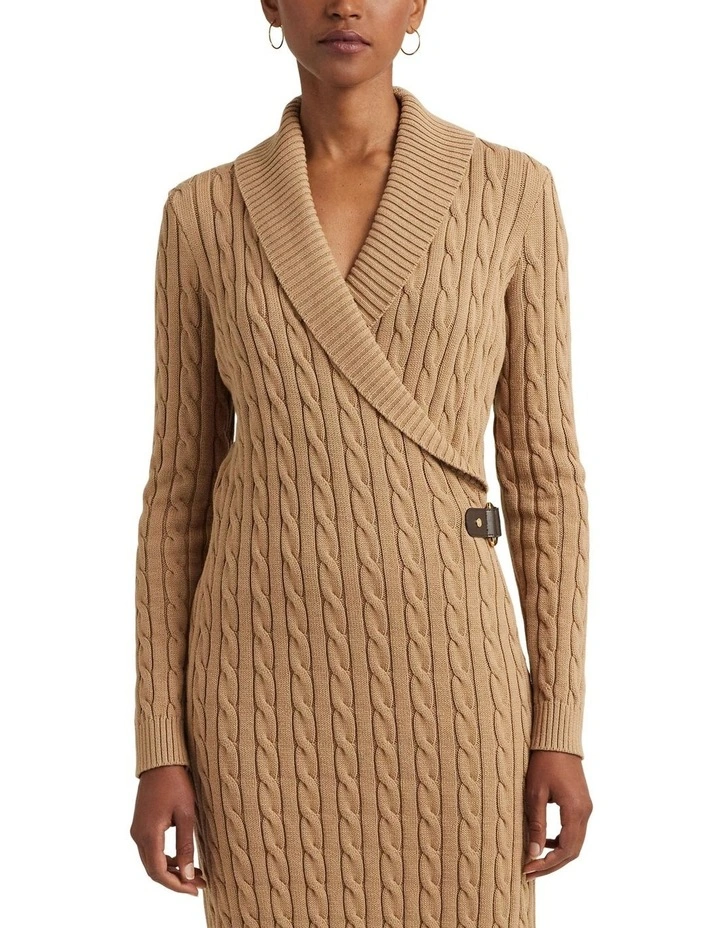 Cable-Knit Buckle-Trim Sweater Dress in Beige
