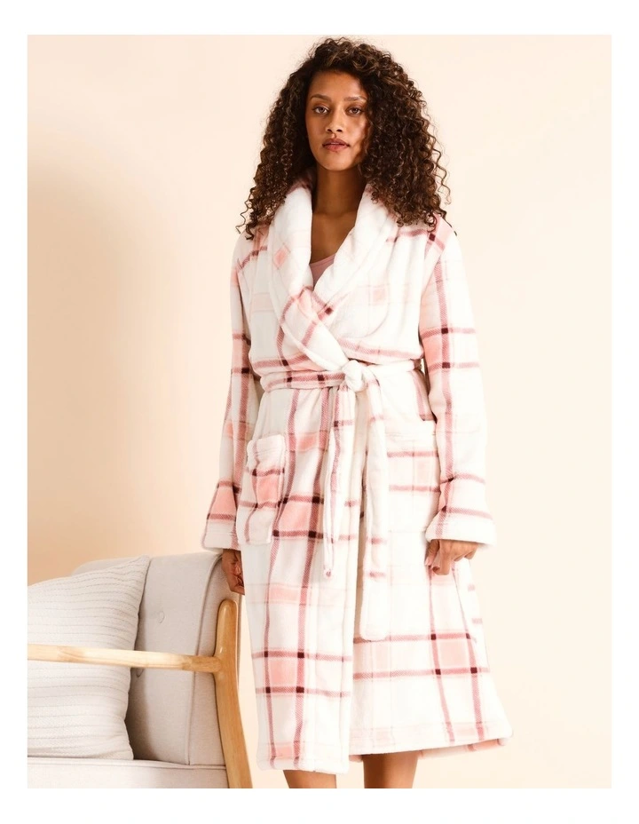 Fleece Long Robe in Light Check