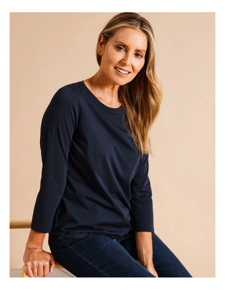 Organic Cotton Wardrobe Staple 3/4 Sleeve Tee In Navy