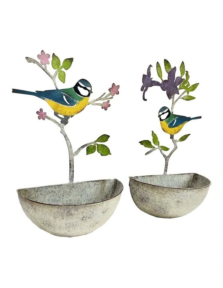 Colourful Pot Bird Wall Planters in Distressed Multicolour
