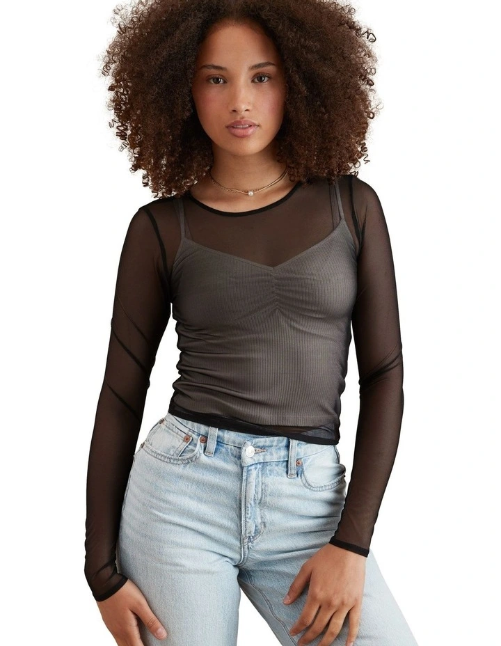 Mini Mesh Long Sleeve Tee in Black