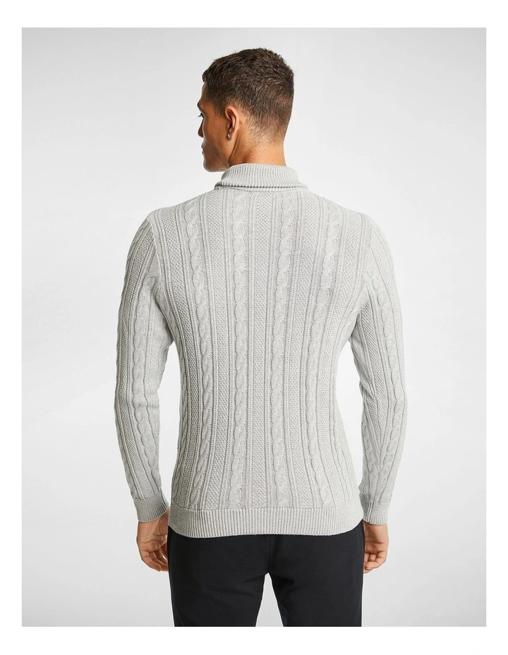 Tommy Cable Roll Neck Sweater in Light Grey Marle