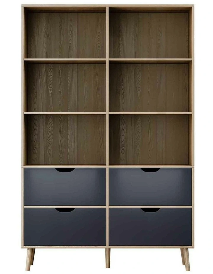 Bookshelf with 4 Drawer in Oak and Blue
