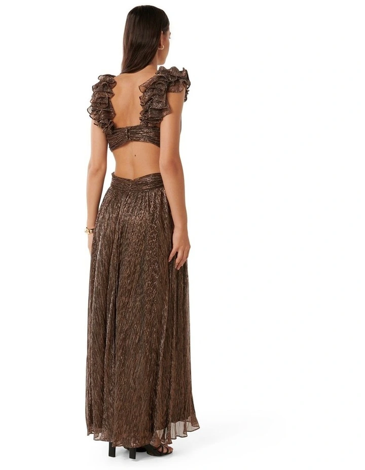 Selena Plisse Ruffle Shoulder Maxi Dress in Brown