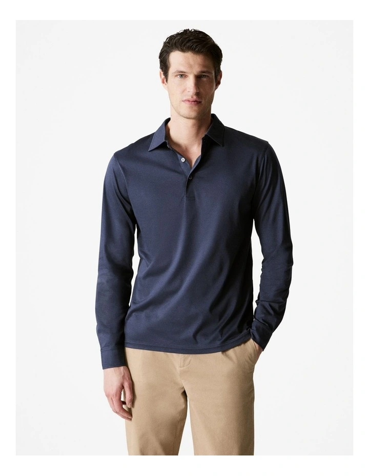 Cotton Modal Blend Long Sleeve Polo Shirt in Navy