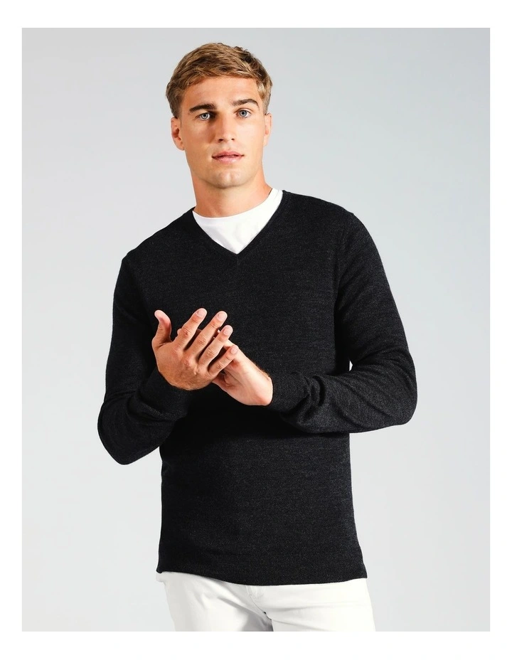 Australian Merino V-Neck Knit in Charcoal