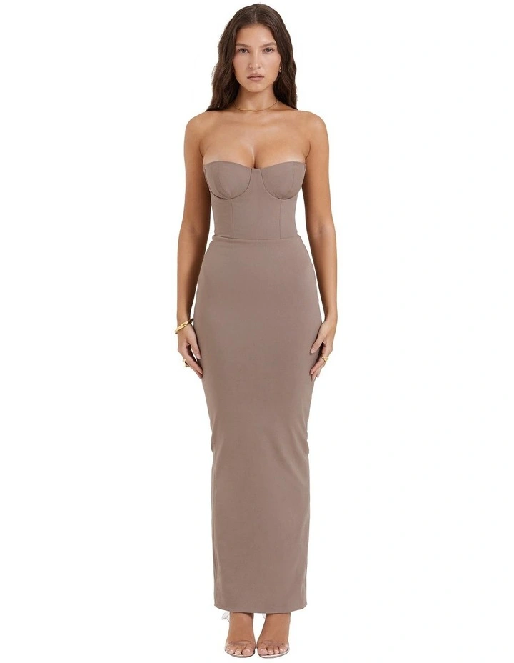 Lucia Strapless Corset Maxi Dress in Taupe