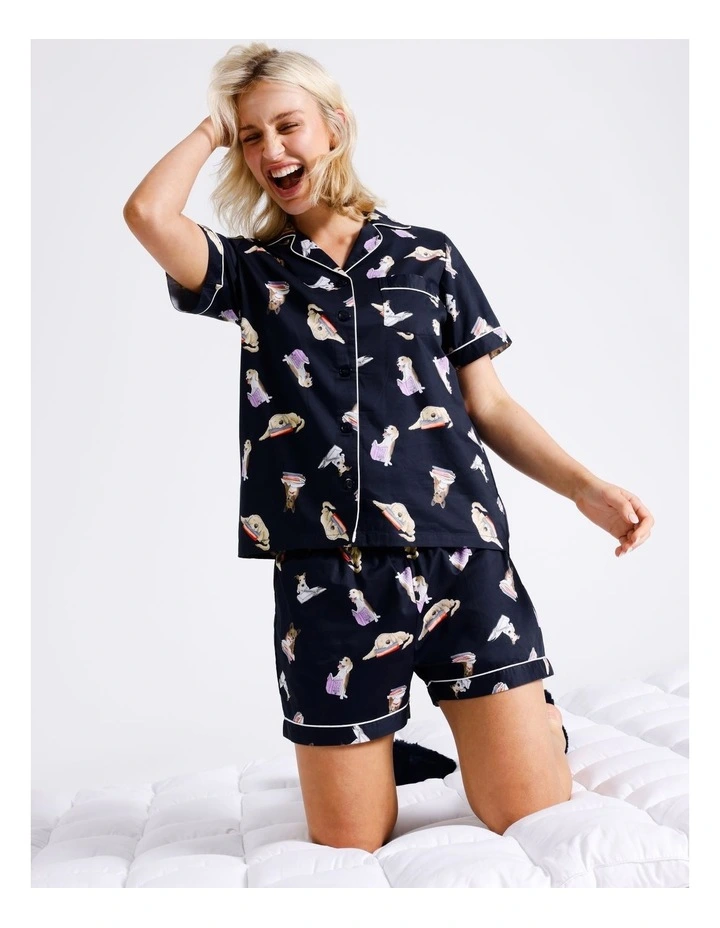 Women's Sateen Short Sleeve PJ Set in Dog Print