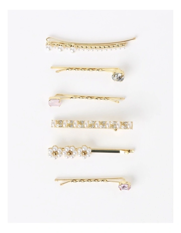 Hair Pins Pearl And Gems 6 Pack In Gold