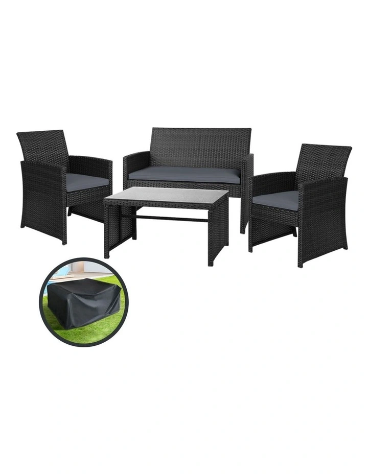 Outdoor Sofa Set With Storage Cover Rattan Chair Furniture 4 PCS in Black