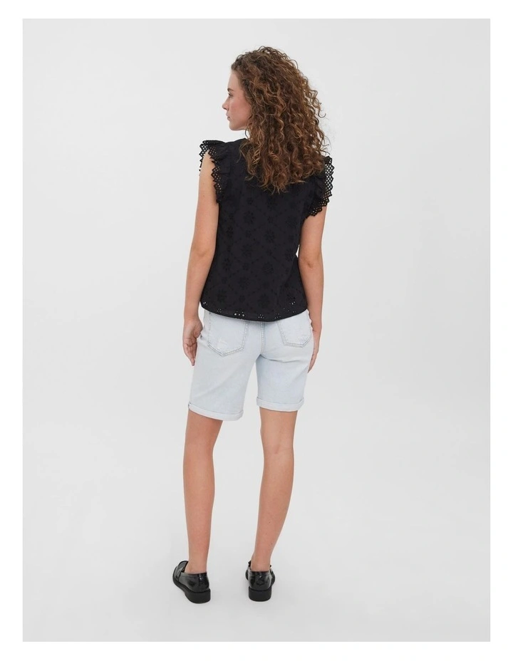 Lea Embellished Cotton Frill Top in Black