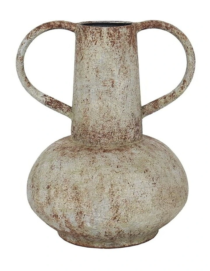 Vintage Metal Pot Aged Vase with Wide Base & Handles in Aged Distressed White