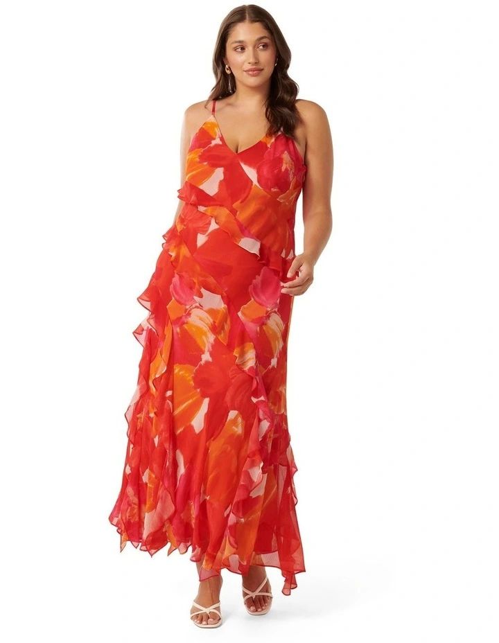 Poppy Asymm Ruffle Gown in Red