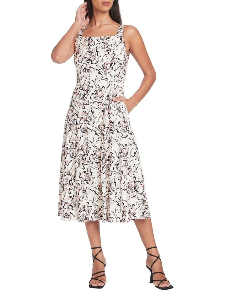 Karis Stretch Linen Dress in Ivory Multi