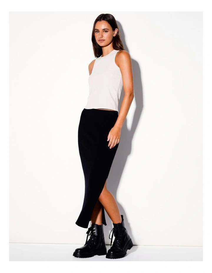 Organic Blend Knit Rib Midi Skirt in Black