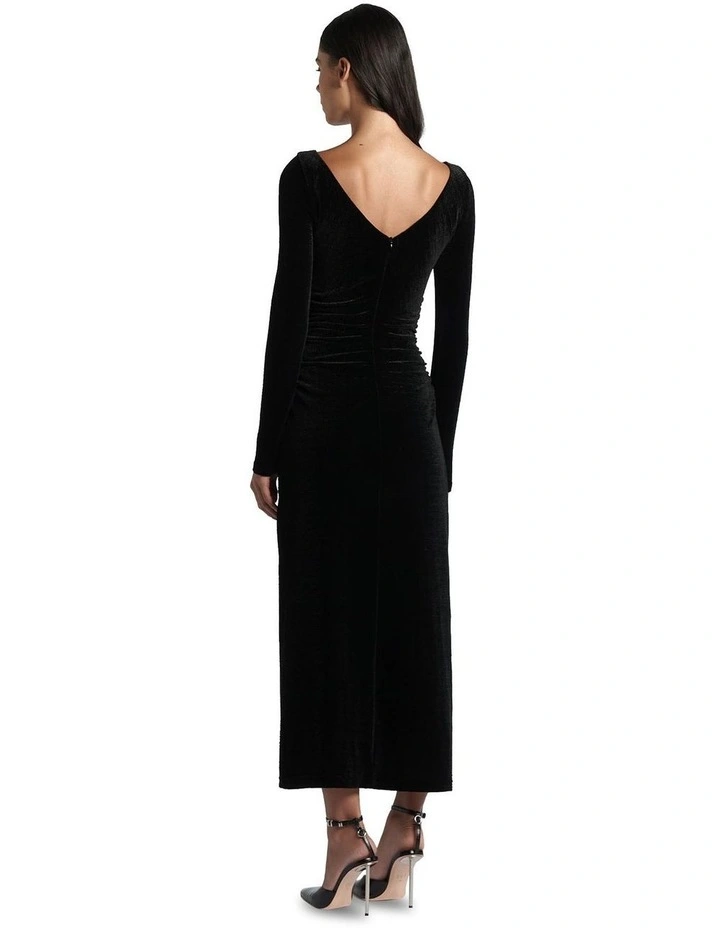 Twist Front Velvet Midi Dress in Black