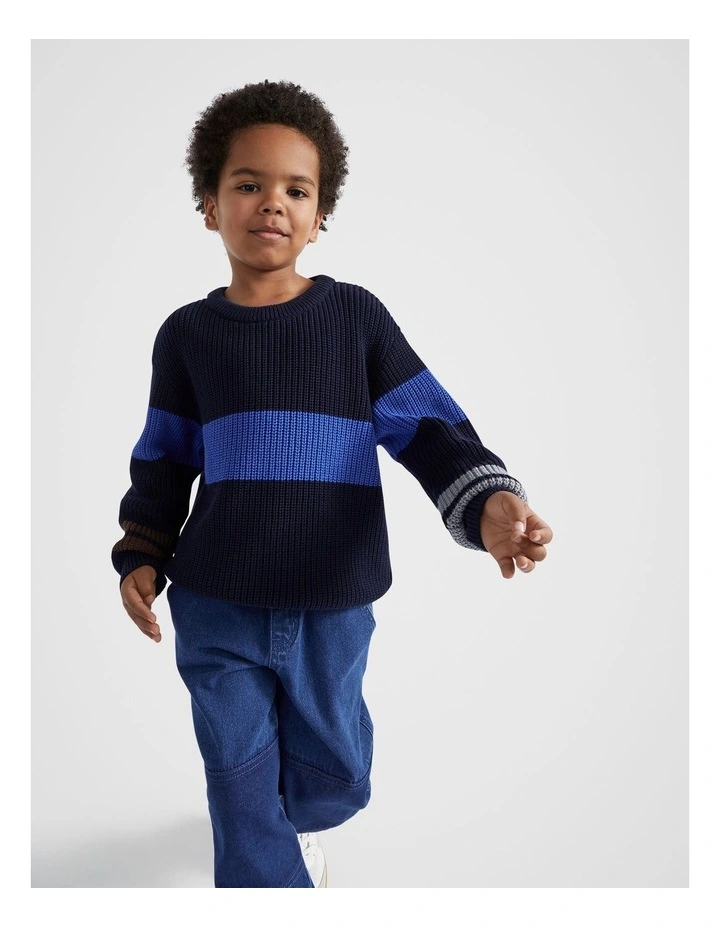 Stripe Crew Knit Sweater in Midnight Blue
