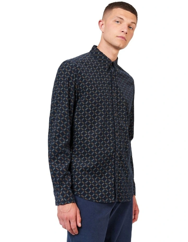 Geo Printed Corduroy Long Sleeve Shirt in Blue