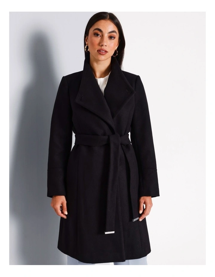 Funnel Neck Wrap Coat in Black