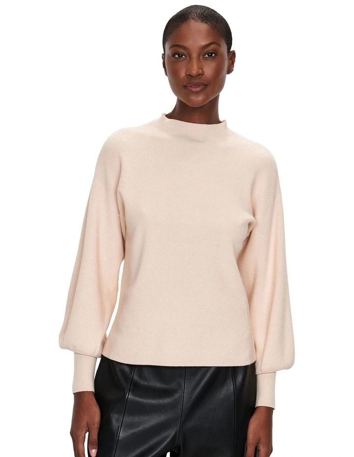 Blouson Sleeve Funnel Neck Knit Top in Stone