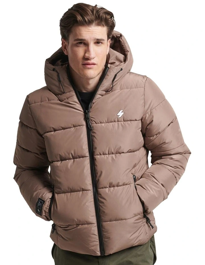 Hooded Sports Puffer Jacket in Fossil Brown