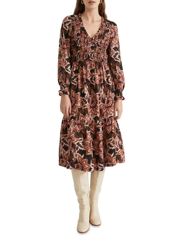 Floral Shirred Midi Dress