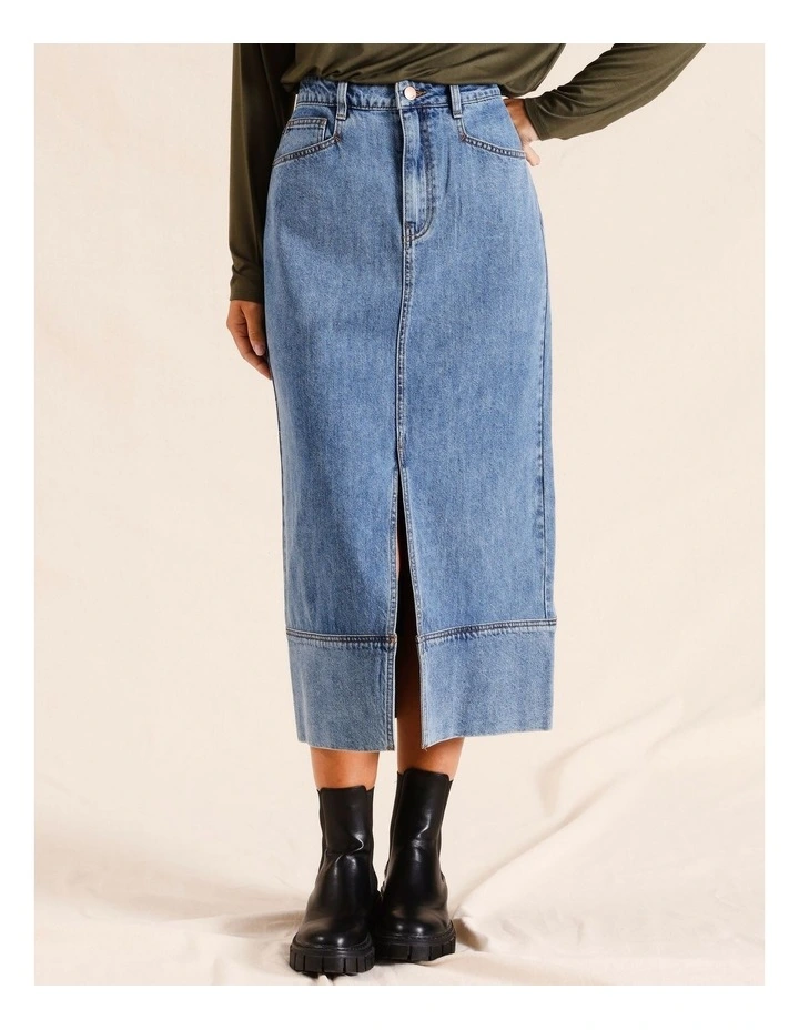 Denim Midi Split Front Skirt in Denim