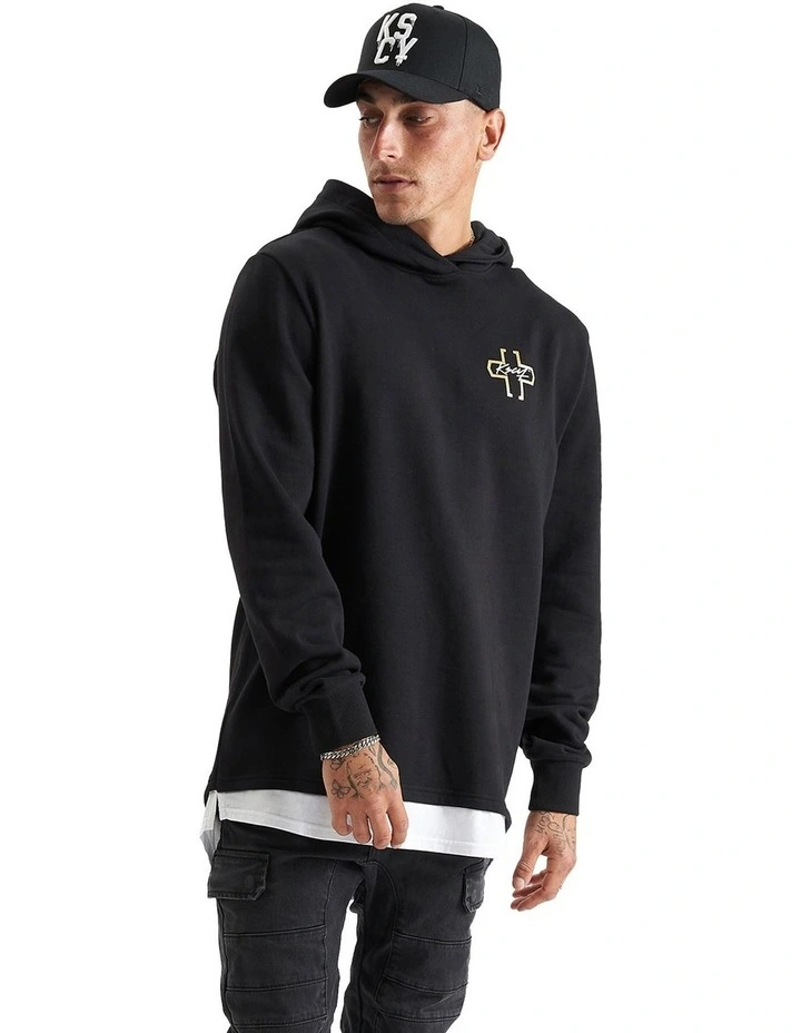 Unbowed Hooded Layered Dual Curved Sweater in Black
