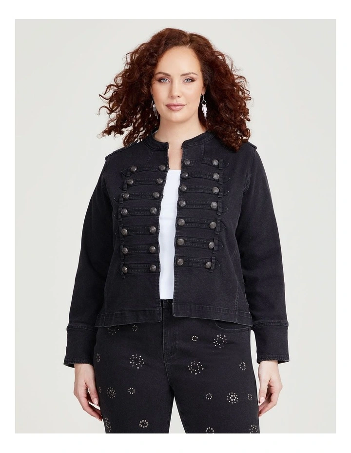 Military Style Denim Jacket in Washed Black