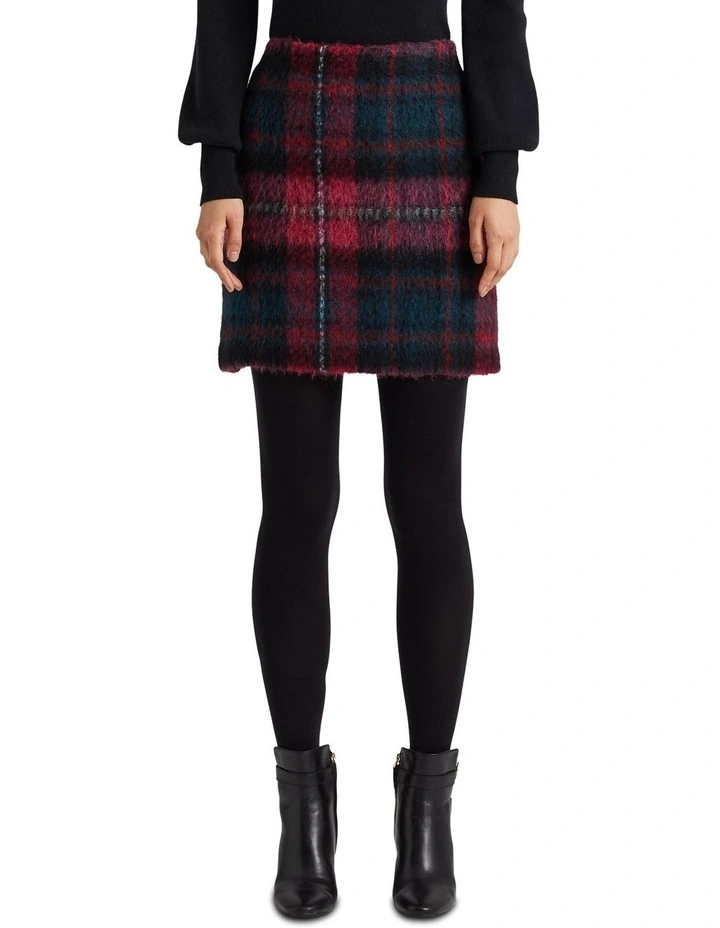 Plaid Mohair Pencil Mini Skirt in Red Multi