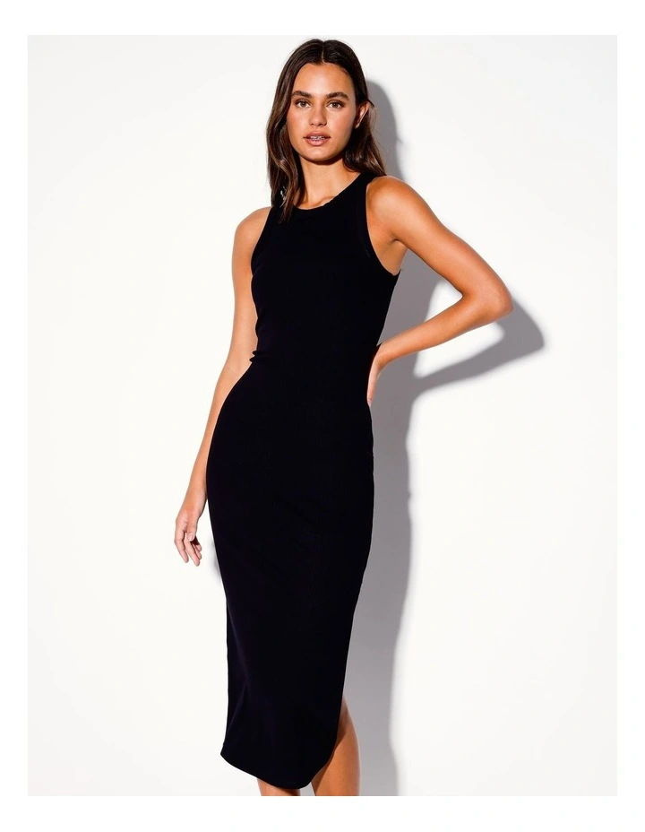 Eco Blend Sleeveless Rib Midi Dress in Black