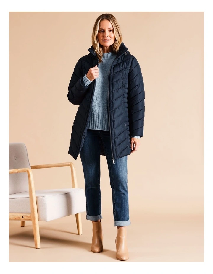 Recycled Polyester Longline Quilted Jacket With Fold Away Hood In Navy