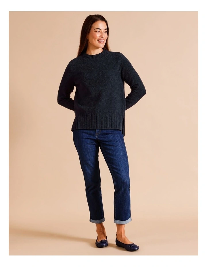 Boucle Jumper With Straight Hem And Side Splits In Blue/ Grey
