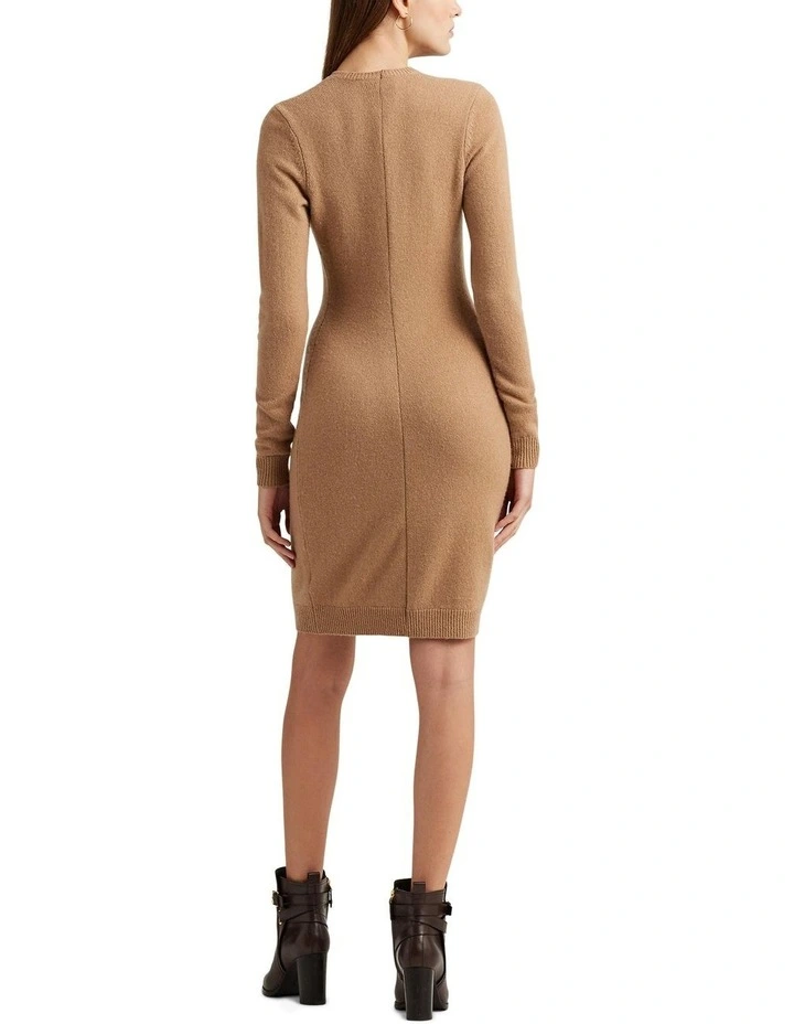 Faux-Leather-Trim Wool-Cashmere Dress in Beige