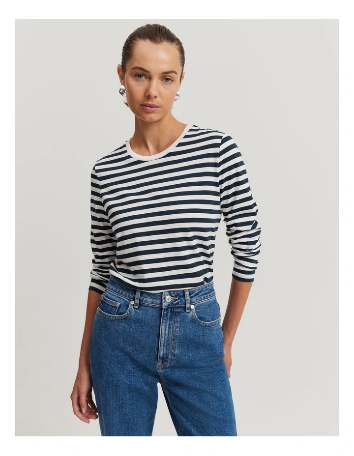 Australian Cotton Slub Stripe Long Sleeve T-shirt in Navy Stripe