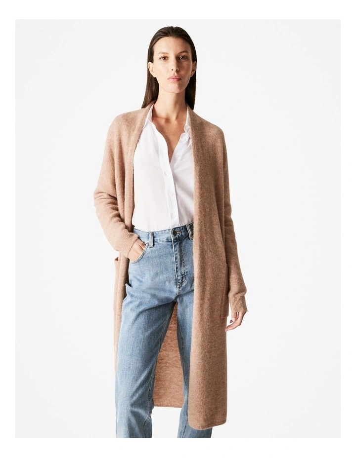 Alpaca Merino Blend Longline Cardigan in Camel